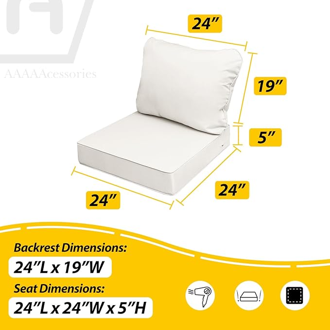 AAAAAcessories Outdoor Seat Cushions for Chairs, Fade-Resistant, Waterproof Patio Furniture Replacement Cushions, 24" x 24" x 5" + 24" x 19", Creamy White