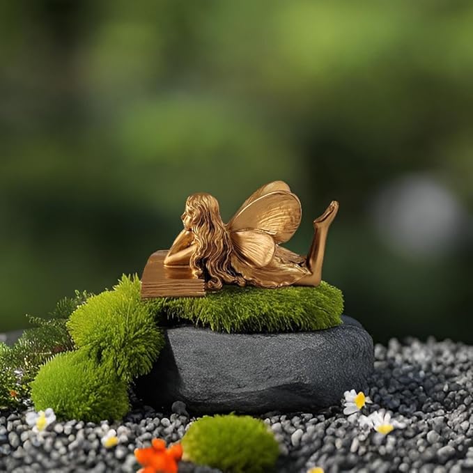 Fairy Figurines - Golden Fairy Reading Statue for Garden, Home Decor, Small Outdoor Angel Figurines, Unique Gift Idea