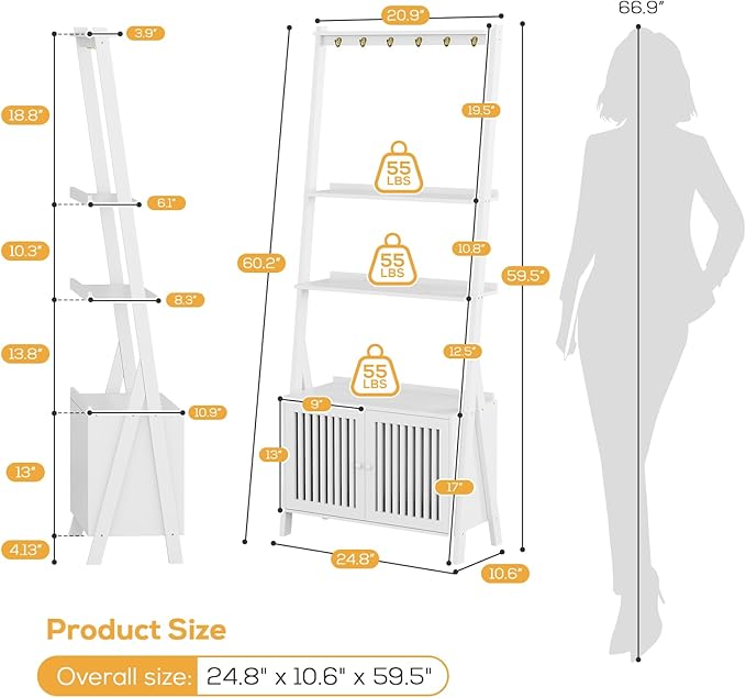 4-Tier Ladder Shelf with Drawers, Ladder Bookshelf with 6 Hooks, Tall Narrow Retro Bookcase, 24.8"L x 10.6"W x 59.5"H, Freestanding Storage Shelf for Living Room, Home Office, Bedroom, White