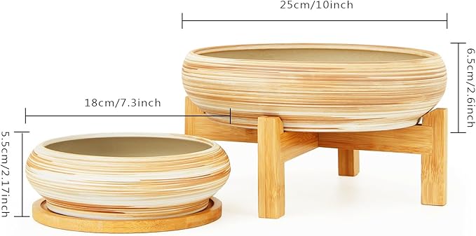 ARTKETTY Succulent Pots - 7.3/10 Inch Large Plant Pot Ceramic Bonsai Planter with Drainage Tray, Shallow Planters for Succulents Cactus Flower Small Plants Birthday Gifts for Women