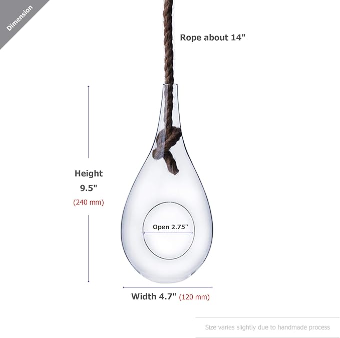 WGV Hanging Planter Terrarium, Width 5", Height 9.5", DIY Clear Glass Succulents Air Teardrop Floral Container (Including Rope), Candle Holder Vase for Outdoor Indoor Decor, 1 Piece