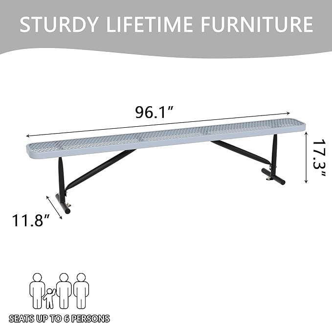 8 Feet Heavy Duty Metal Park Bench for Outside, Outdoor Bench with Portable Frame, Commercial Benches for Shopping Mall, Store, Park, Patio, Deck, Grey