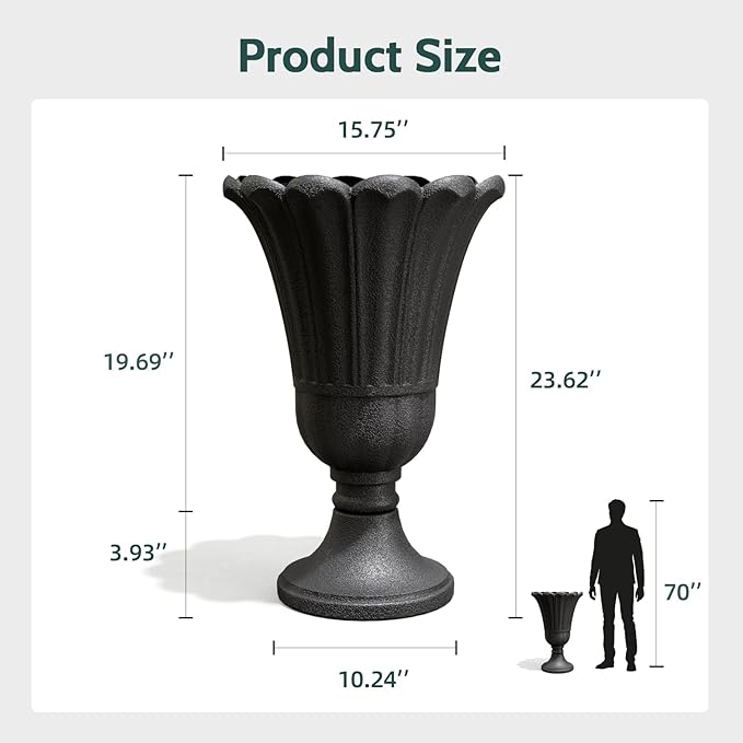 23.6" Tall Plastic Urn Planters for Outdoor Plants, Set of 2 Heavy-Duty Classic Indoor Large Flower Pots with Drainage Holes & Petal Design, Outdoor Planters for Porch, Home Garden, Black