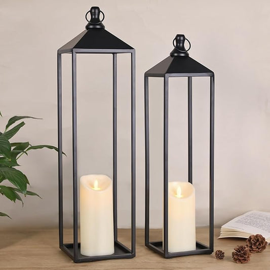22'' 19'' Large Lanterns Decorative Outdoor Indoor, Set of 2 Black Metal Candle Lanterns Modern Farmhouse Floor Lanterns Decorative for Home Decor, Mantle, Fireplace, Patio, Porch, Garden