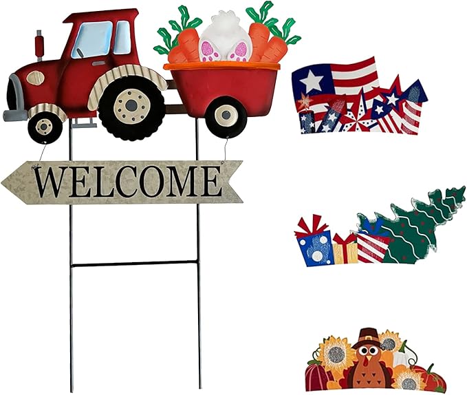 Vintage Metal Truck Yard Stake with Seasonal Sign Loads Metal Easter Welcome Sign for Outdoor Merry Christmas 4th of July Fall Harvest Spring Easter Garden Lawn Pathway Decor