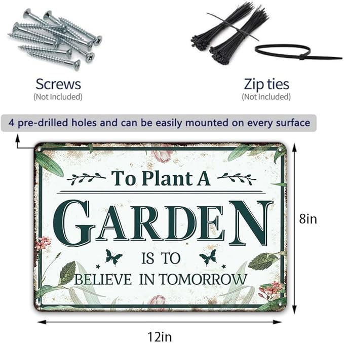 YOYI ART Gardening Sign for Outside - To Plant A Garden is To Believe Tomorrow, Vintage Metal Tin Signs for Patio, Garden, Farmhouse, Porch Wall Decor Art, Gifts for Women Planter, 12 x 8 inch