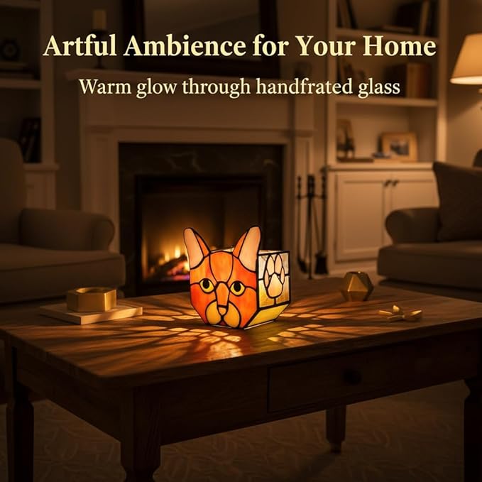 Stained Glass Cat Tea Light Holder, Orange Cat Decorative Candle Holder, Handcrafted Animal Design for Home Decor,Cute Plant Pots,Cat Lover Gift
