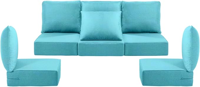 Luxury 24x24x6 Outdoor Cushions for 5-Seat Sectional Sofa Set of 5 - Water-Repellent 11-Piece Patio Cushion Set for Outside Rattan Wicker Loveseat Chair L-Shape Couch - Turquoise/Classic