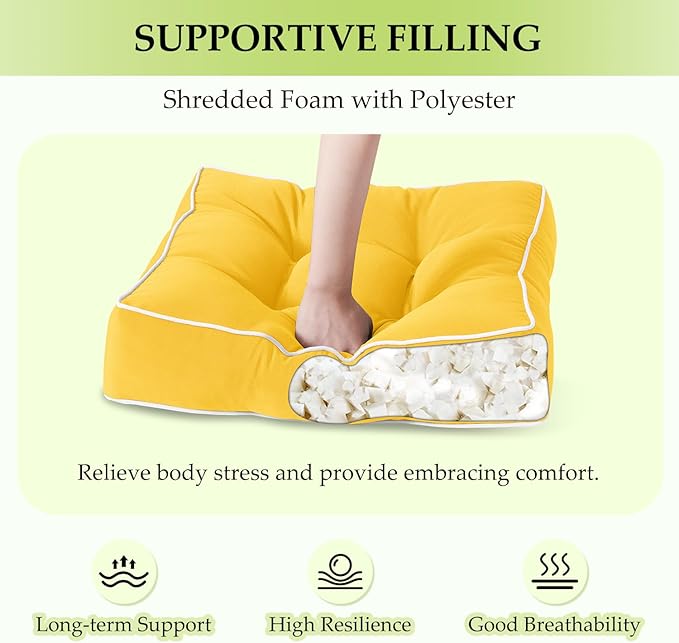 HARBOREST Outdoor Chair Cushions Set of 2, Tufted Patio Chair Cushions with Ties, Square Corner Outdoor Cushions for Patio Furniture, Lawn Chairs, Wicker Chairs, 19" x 19" x 5", Yellow