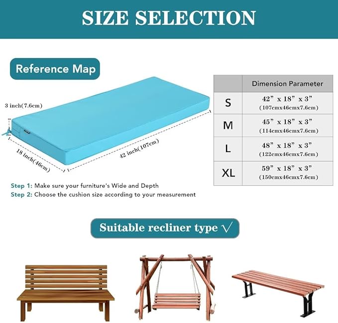 Outdoor Bench Cushions 45 x 18 Inch Thick Waterproof Porch Swing Cushions with Tie Patio Furniture Chair Cushion Bench Pad Color Fastness Backyard Seat Pads Teal