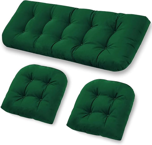 Wicker Chair Cushions Set of 3, Waterproof Outdoor Cushions Set for Patio Furniture, 1 Loveseat & 2 Seat Pads, Thick Outdoor Replacement Cushions for Porch Lawn Bench Couch Sofa, Emerald
