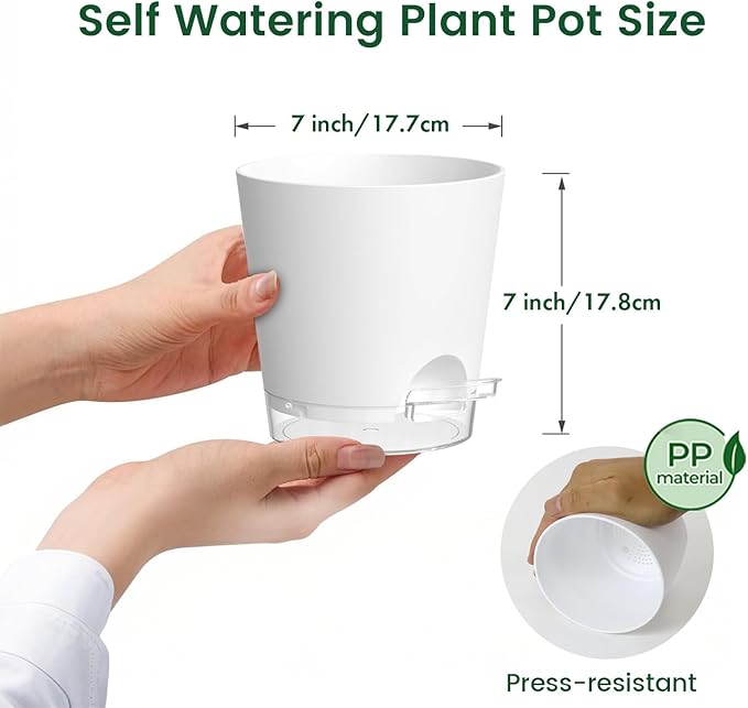 7 inch Self Watering Pots for Indoor Plants, 5 Pack Plant Pots with Drainage Holes & Clear Reservoir for Visible Water Level, Plastic Wicking Planter Pots for House Plants and Flower, White