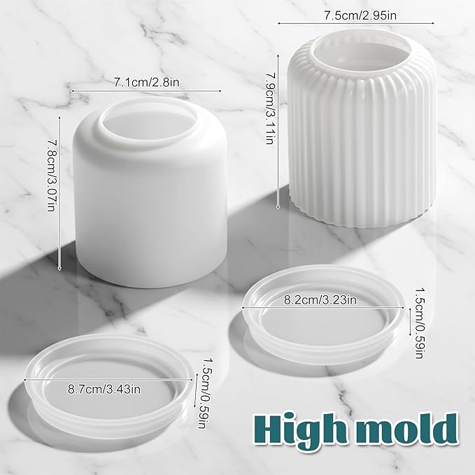 8 PCS Candle Jar Silicone Mold with Lid, Round Stripe Resin Molds Box Storage Bowl Creative Plant Flower Pot Vase Concrete Molds for Epoxy Jewelry Trinket Holder Organizer DIY Crafts Home Decor