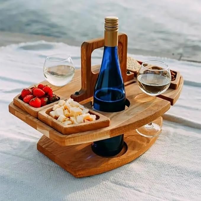 Folding Wooden Picnic Table with Wine Glass Holder - Portable Camping Table for Beach, Park & Outdoor Use, Champagne and Beverage Stand