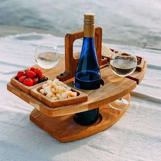 Folding Wooden Picnic Table with Wine Glass Holder - Portable Camping Table for Beach, Park & Outdoor Use, Champagne and Beverage Stand