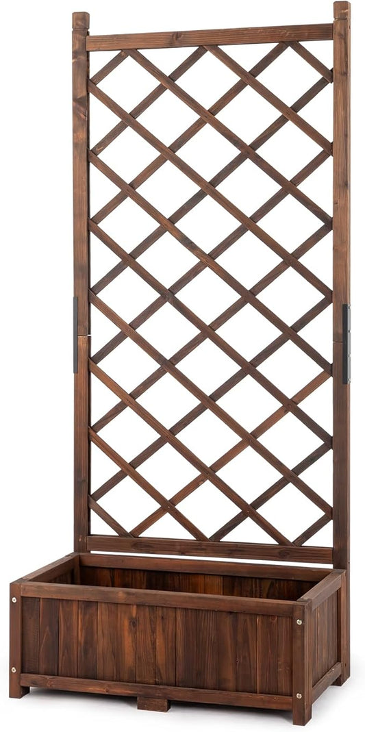 Outvita Wood Planter with Trellis, 29" x 17" x 67" Outdoor Raised Garden Bed with Drainage Holes, Vertical Standing Planter Box for Climbing Plants Vegetable in Garden, Patio, Balcony (Brown)