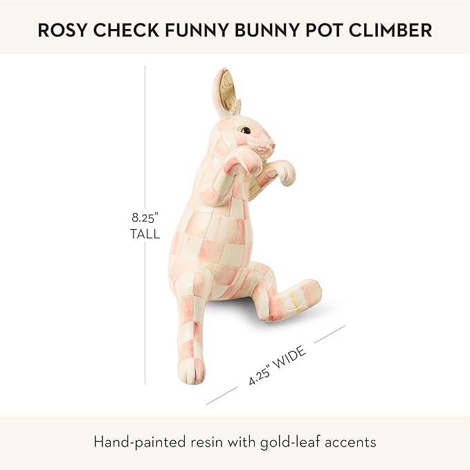 MACKENZIE-CHILDS Pot Climber, Decorative Indoor and Outdoor Planter Hanging Decor, Pink-and-White Rosy Check Funny Bunny