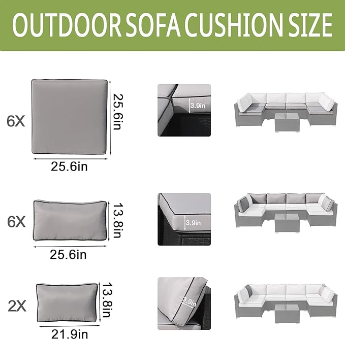 14Piece Outdoor Sofa Cushion Replacement, Patio Furniture Waterproof Cushion with Zippers, fit 6-Seat Outdoor Wicker Rattan Sectional Couch (Light Grey + Black Edge, 25.6"x25.6"x3.9")