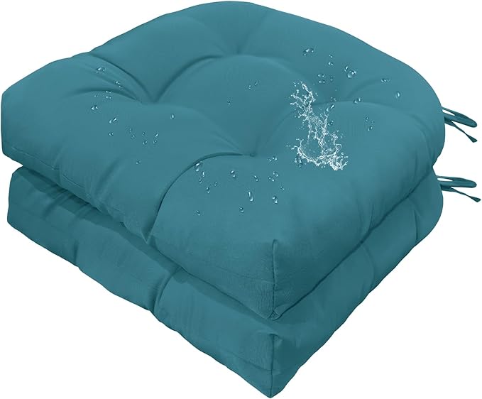 Gnostik Waterproof Outdoor Chair Cushions Peacock Blue 2 Pack,18.6"X18.6" Patio Wicker Chair Cushions U Shaped Thick Tufted Chair Pads Indoor Seat Cushion with Ties for Dining Garden Furniture
