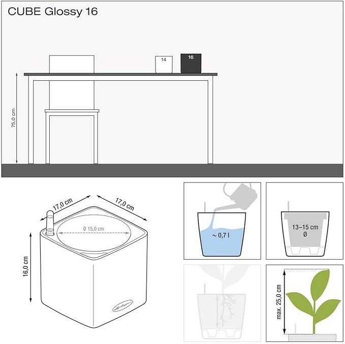 Lechuza Cube Glossy 16 Cream White High Gloss, Self-Watering Indoor Small Plant Pot, H6.3 L6.7 W6.7 in