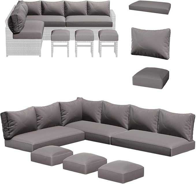 U-MAX Outdoor Cushions, Patio Replacement Cushions for Outdoor Furniture, Fits for 7-Seats Wicker Rattan Conversation Set, 13-Piece Cushions Set for Outdoor Sectional, Dark Grey