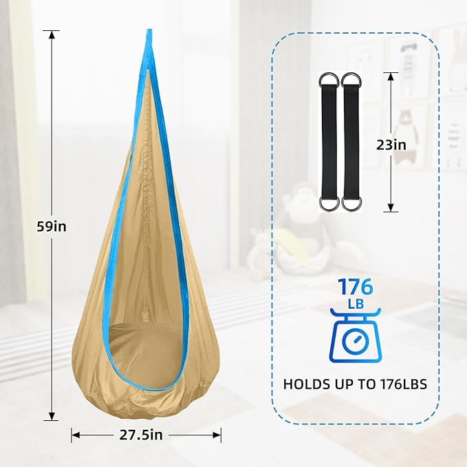 Kids Swing Seat Hammock Chair Indoor Outdoor Hanging Chair for Children,Soft & Safe with High Weight Capacity, Easy Install Perfect for Bedroom, Garden, Playroom (Khaki)