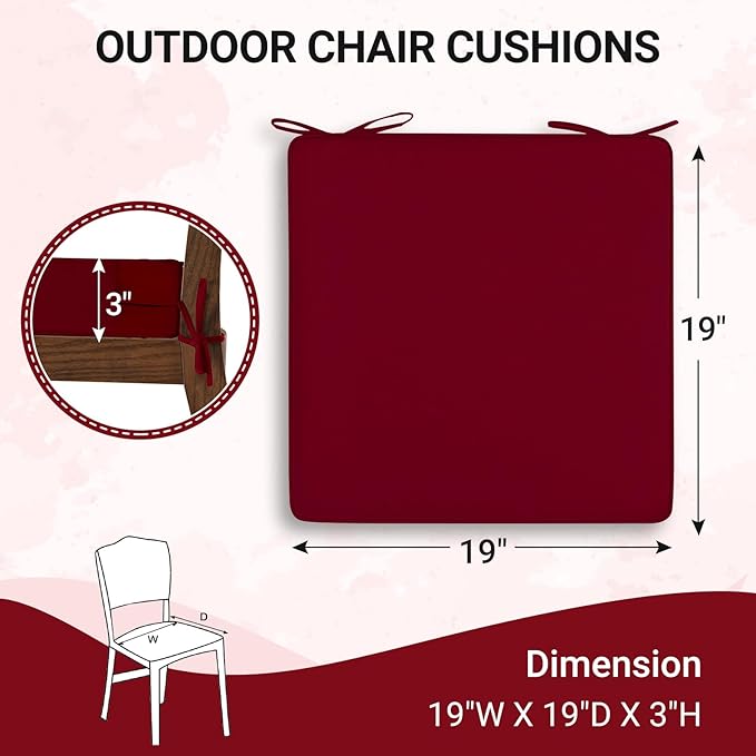 downluxe Waterproof Outdoor Chair Cushions Set of 2, 19" x 19" x 3" Patio Chair Cushion with Non-Slip Ties & Handle, Square Outdoor Cushion for Patio Furniture with Removable Cover, Burgundy