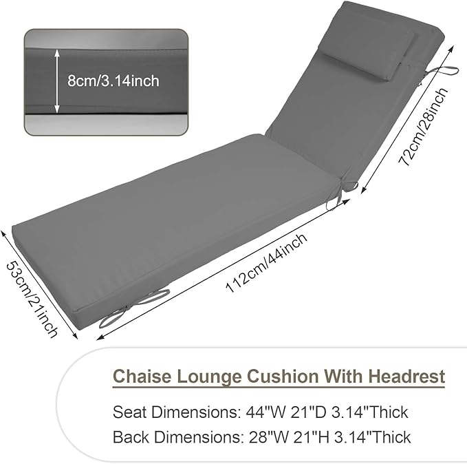 Chaise Lounge Cushions Outdoor Set of 2, 72x21x3 Lounge Chair Cushions for Outdoor Furniture, Patio Lounger Pads with Removable Cover for Pool, Deck, Lawn,Dark Gray