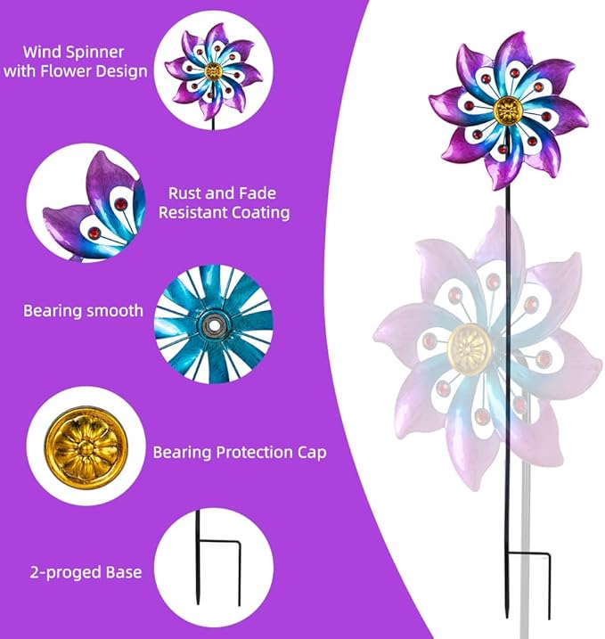 VEWOGARDEN Garden Metal Flower Wind Spinners Outdoor, Kinetic Wind Sculptures & Spinners for Yard Lawn Patio Decorations, Blue & Purple