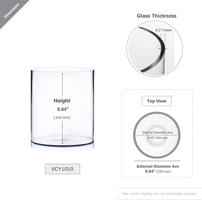 WGVI Thick Weighted Clear Right Cylinder Glass Vases, 10" W x 10" H, Equilateral Cylinder Glass Flower Arrangement Centerpieces Tabletop Storage Container Home Decor, 1 Piece