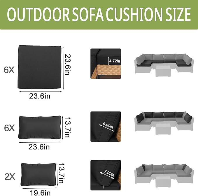 14Piece Outdoor Sofa Cushion Replacement, Patio Furniture Waterproof Cushion with Zippers, fit 6-Seat Outdoor Wicker Rattan Sectional Couch (Black, 23.6"x23.6"x3.9")