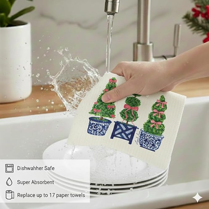 Chrimas Holiday Swedish Dishcloth, Reusable Paper Towel, Super Absorbent Cellulose Sponge, Washable Kitchen Cleaning Cloth (Festive Topiary Trio - 1 Pack)