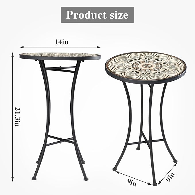 Vipush Mosaic Outdoor Side Table, 14" Round Folding Plant Stand for Patio Garden Backyard Balcony Porch Indoor Accent End Table for Living Room, Ceramic Tabletop with Black Iron, Melard