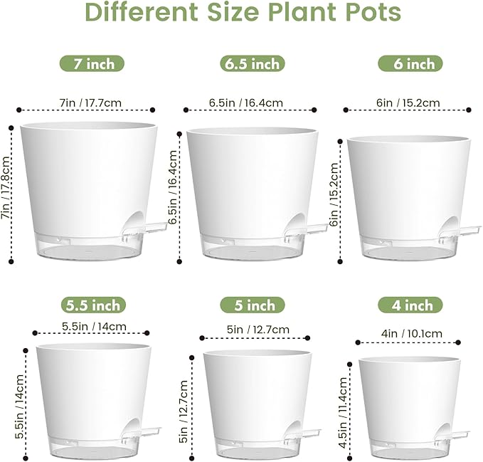 Self Watering Pots Pack of 6 – Different Size 4" to 7" Indoor Plant Pots with Drainage Holes and Clear Reservoir for Visible Water Level, Plastic Wicking Planters for House Plants, White