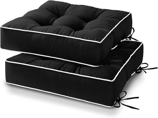 HARBOREST Outdoor Chair Cushions Set of 2, Tufted Patio Chair Cushions with Ties, Square Corner Outdoor Cushions for Patio Furniture, Lawn Chairs, Wicker Chairs, 17" x 17" x 5", Black