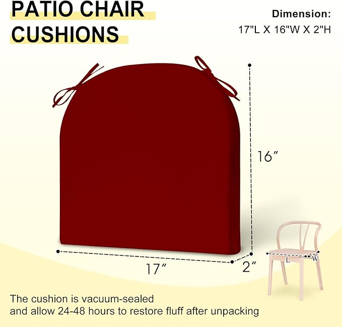 downluxe Outdoor Chair Cushions Set of 2 for Patio Furniture, Water-Resistant Patio Chair Cushions with Ties, High Density Foam Outdoor Seat Cushion, 17" X 16" X 2", Burgundy