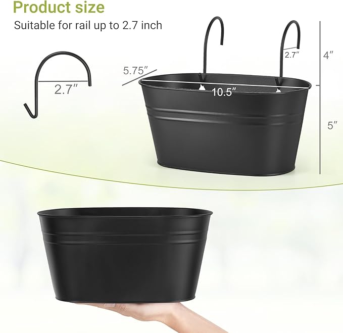 Dahey 3 Pcs Wall Planters for Indoor Plants 10.6 Inch Metal Hanging Flower Pots for Railing Fence Outdoor Countryside Window Flower Holder with Hooks Drainage Holes for Garden Yard Home Decor, Black