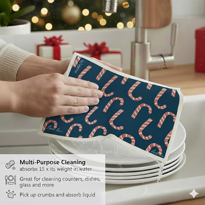 Christmas Holiday Swedish Dishcloth, Reusable Paper Towel, Super Absorbent Cellulose Sponge, Washable Kitchen Cleaning Cloth (Holiday Candy Cane - 1 Pack)