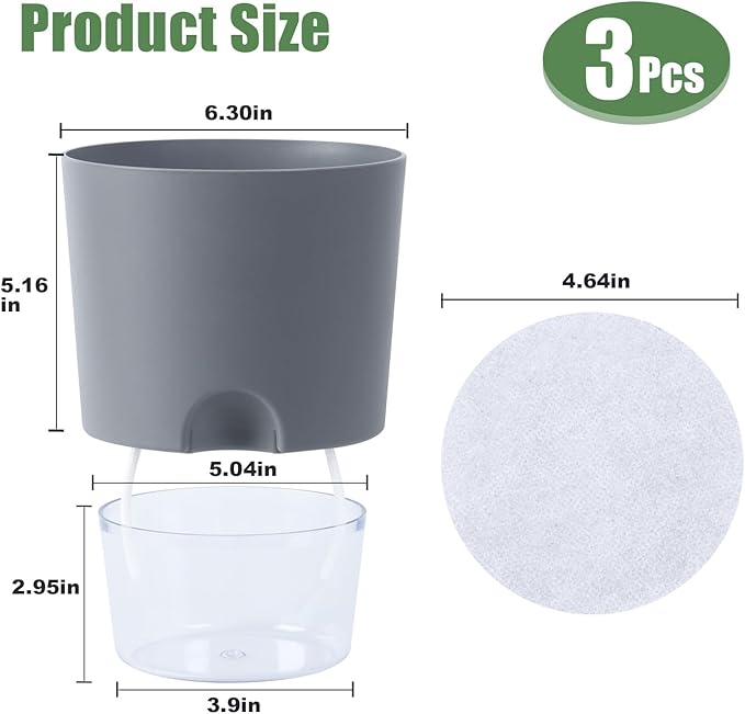 6.3 Inch Self Watering Planter Pots for Indoor Plants, 3 Packs African Violet Pots with Wick Rope and Visible Reservoir Self Watering Planter for Herb, Houseplants
