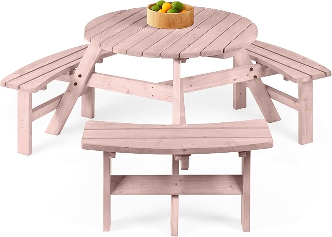 Best Choice Products 6-Person Circular Outdoor Wooden Picnic Table for Patio, Backyard, Garden, DIY w/ 3 Built-in Benches, 500lb Capacity - Rose Quartz