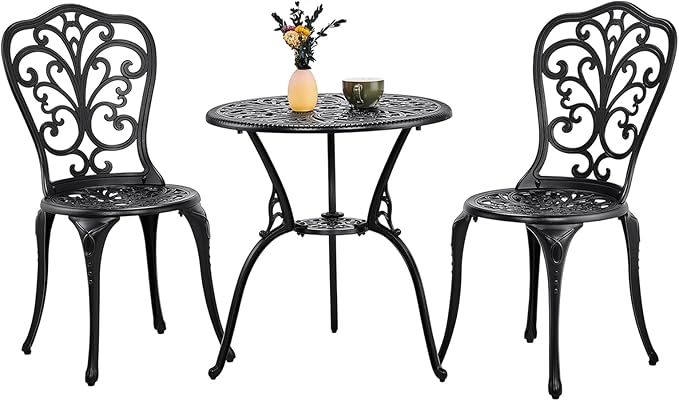 Outvita Patio Table and Chairs Set, Cast Aluminum Outdoor Cafe Table and Chairs Set of 3, Stability Patio Bistro Sets with Umbrella Hole for Garden, Patio, Balcony, Butterfly Pattern Black