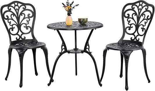 Outvita Patio Table and Chairs Set, Cast Aluminum Outdoor Cafe Table and Chairs Set of 3, Stability Patio Bistro Sets with Umbrella Hole for Garden, Patio, Balcony, Butterfly Pattern Black