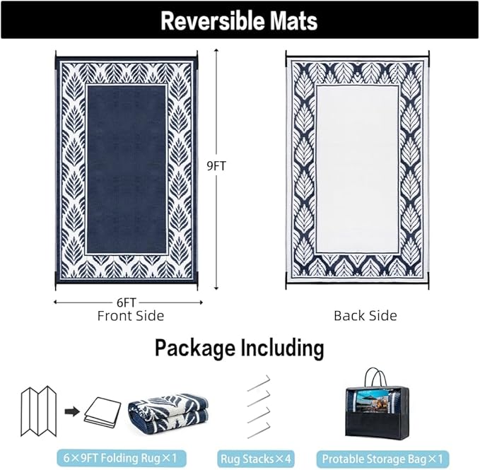 HUGEAR Outdoor Plastic Straw Rug, Waterproof Mat, Washable Large Floor Mat and Rug for Outdoors, RV, Beach, Patio, Camping, Backyard, Deck, Picnic, Outside (6x9ft,Olive-Leaf/Dark Blue&White)