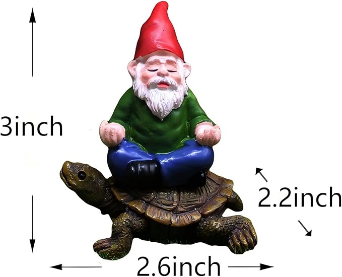 Garden Gnome Meditating on Turtle Statue, Miniature Fairy Garden Decoration, Tiny Gnome Figurine Plant Pot Decor 3 x 2.6 x 2.2 inches