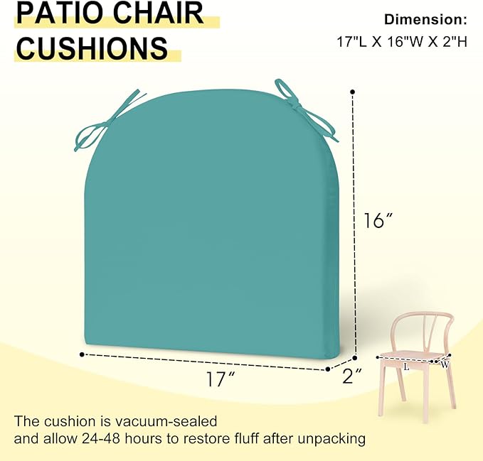 downluxe Outdoor Chair Cushions Set of 4 for Patio Furniture, Water-Resistant Patio Chair Cushions with Ties, High Density Foam Outdoor Seat Cushion, 17" X 16" X 2", Teal