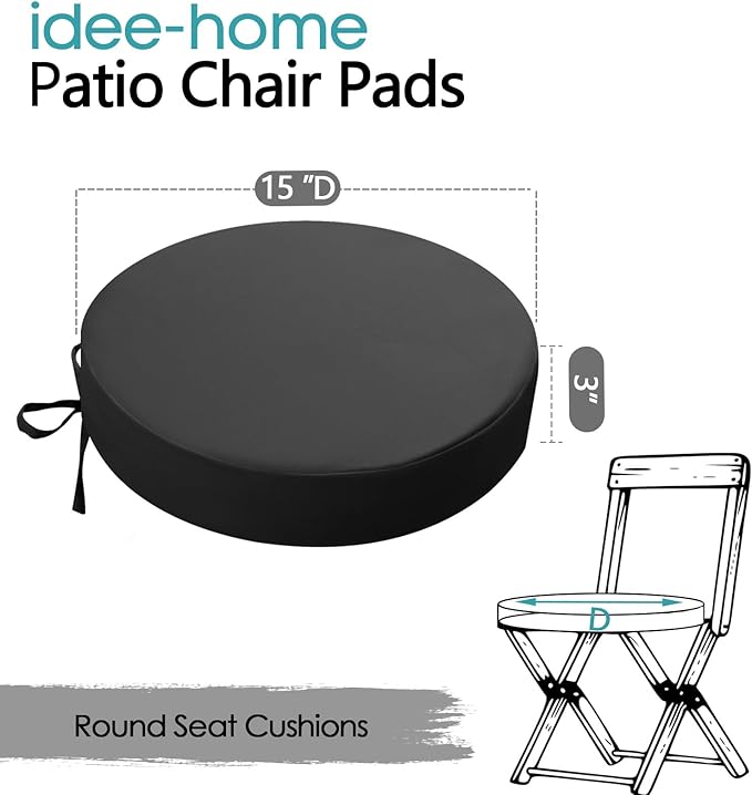 idee-home Outdoor Bistro Chair Cushions, 15”x15”x 3” Thick Outdoor Round Seat Cushions Set of 2 with Ties, Waterproof Round Patio Furniture for Garden