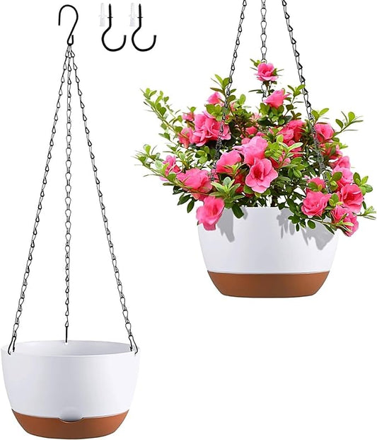 Hanging Planters for Indoor Plants, Set of 2 8/10 Inch Self-Watering Hanging Pots with Drainage Hole & Removable Water-Storage Tray II Screw-in Hooks II