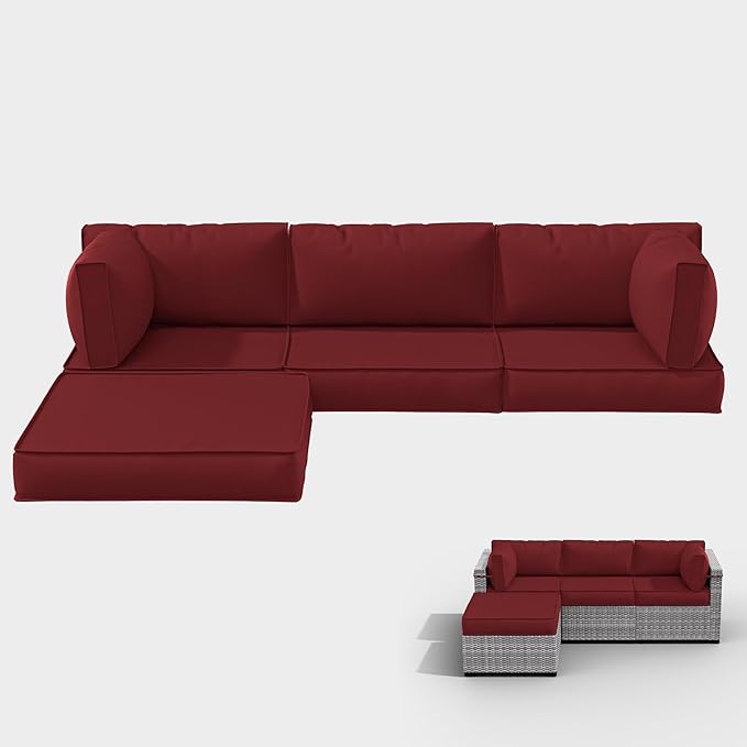 Outdoor Cushions for Patio Furniture with 5 Pillows, Waterproof Patio Furniture Cushions Replacement, 4" Deep Seat Outdoor Sectional Cushions for 4-seat Patio Furniture Chair Sofa Couch,Burgundy