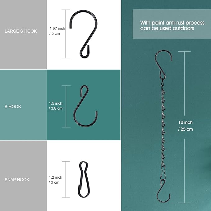 Chain for Hanging Plants, 10 Inch Black Plant Chains for Hanging Planter Baskets Kits with Hooks for Bird Feeder Wind Chime, Small Chains Perfect for Indoor Outdoor Decor (5 PCS)