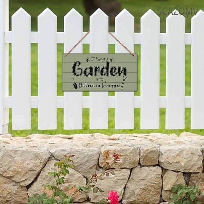 SCAZOMV Garden Sign Decor To Plant A Garden Is To Believe In Tomorrow Funny Outdoor Decorative For Garden Patio Farmhouse Potting Shed She Shed Personalized Wooden Hanging Plaque 5"X 10"